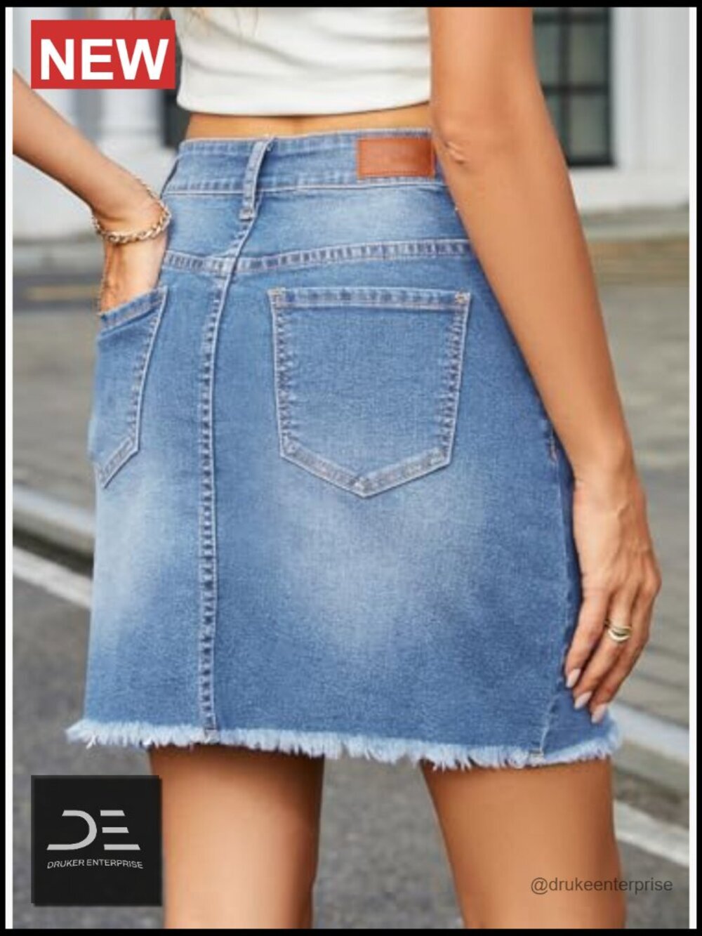 Stretch High Waist Raw Hem Zip Fly Denim Skirt - Picture 3 of 7